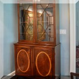 F22. Mahogany china cabinet with inlay. 87”h x 43”w x 18”d 